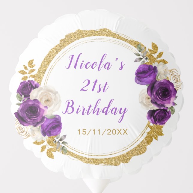 Dark Purple and Gold Elegant Flower Birthday Party Balloon (Front)