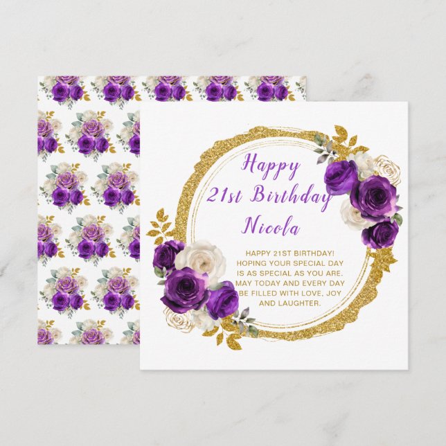 Dark Purple and Gold Elegant Flower Birthday Party Card (Front/Back)