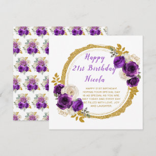 Dark Purple and Gold Elegant Flower Birthday Party Card