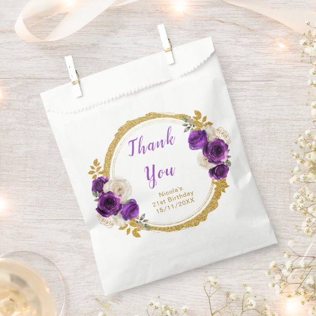 Dark Purple and Gold Elegant Flower Birthday Party Favor Bag (Clipped)