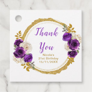Dark Purple and Gold Elegant Flower Birthday Party Favor Tags