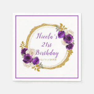 Dark Purple and Gold Elegant Flower Birthday Party Napkins