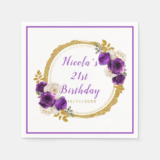 Dark Purple and Gold Elegant Flower Birthday Party Napkins (Front)