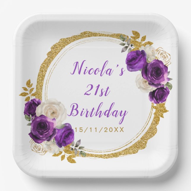 Dark Purple and Gold Elegant Flower Birthday Party Paper Plates (Front)