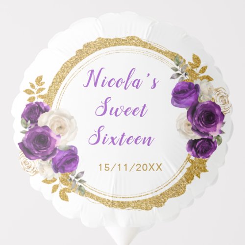 Dark Purple and Gold Elegant Flower Sweet Sixteen Balloon