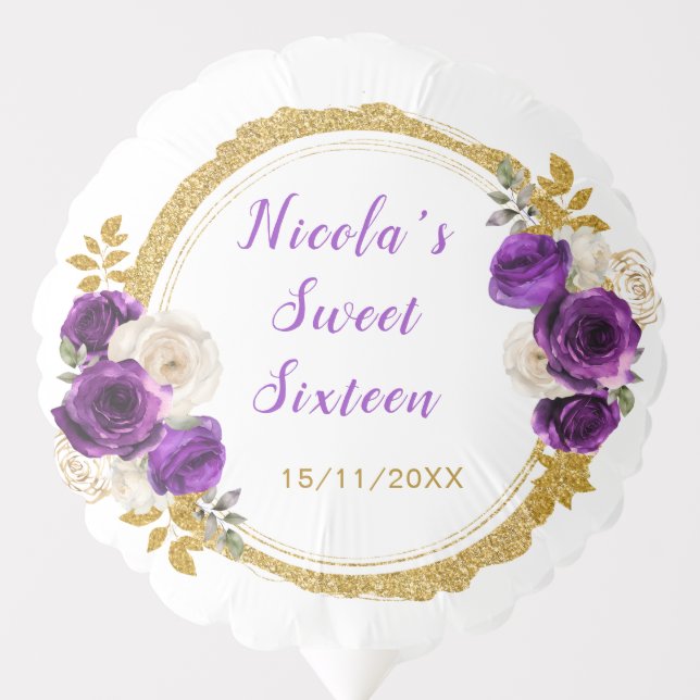 Dark Purple and Gold Elegant Flower Sweet Sixteen Balloon (Front)