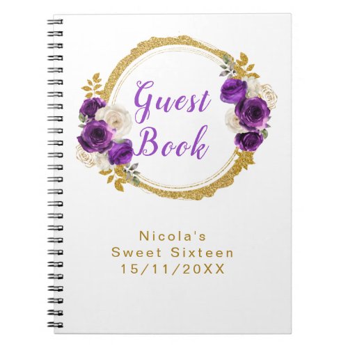 Dark Purple and Gold Elegant Flower Sweet Sixteen Notebook
