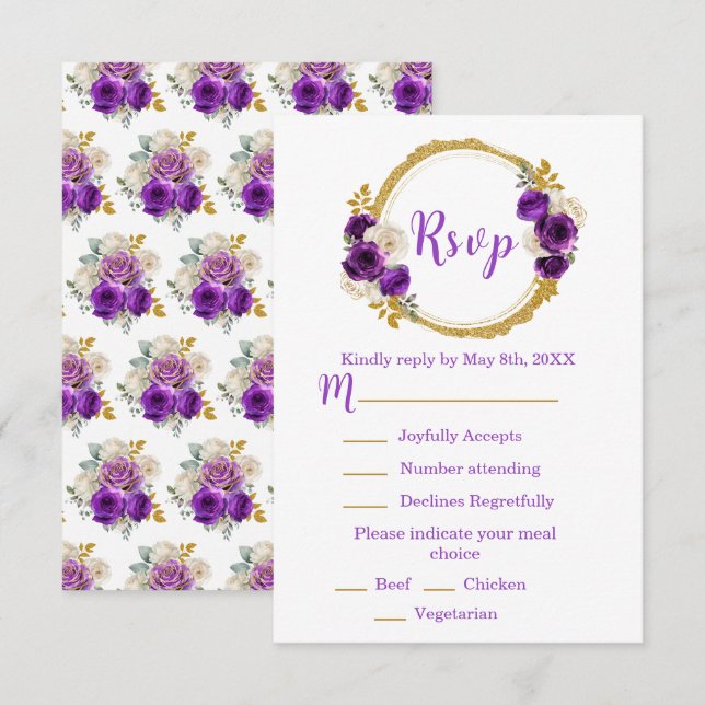 Dark Purple and Gold Elegant Flower Sweet Sixteen RSVP Card (Front/Back)