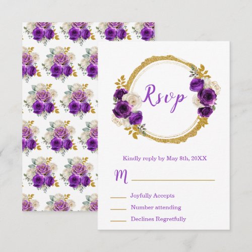Dark Purple and Gold Elegant Flower Sweet Sixteen RSVP Card