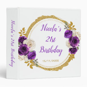 Dark Purple and Gold Elegant Flowers Birthday  3 Ring Binder