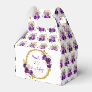 Dark Purple and Gold Elegant Flowers Birthday Favor Boxes