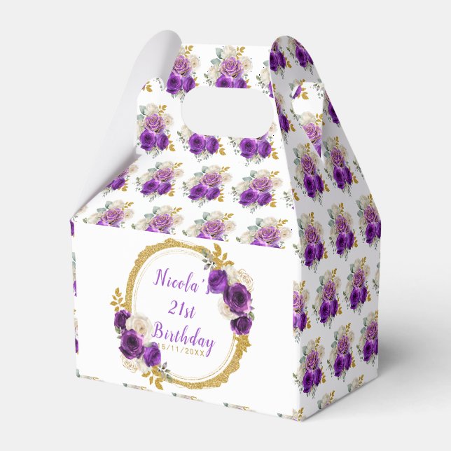 Dark Purple and Gold Elegant Flowers Birthday Favor Boxes (Front Side)