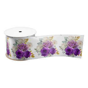 Dark Purple and Gold Elegant Flowers Satin Ribbon