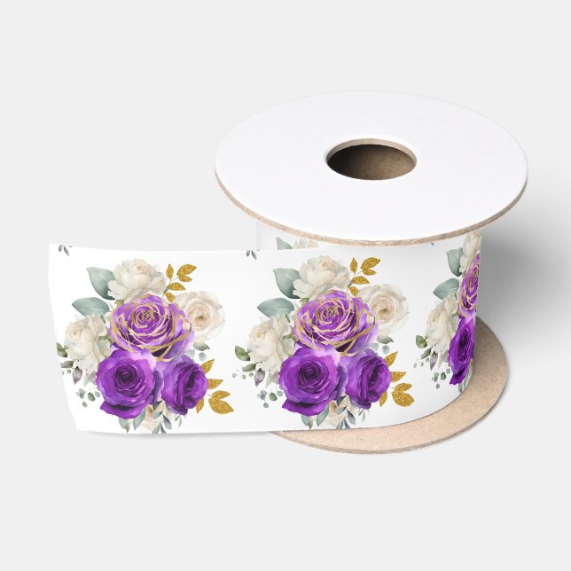 Dark Purple and Gold Elegant Flowers  Satin Ribbon (Spool)