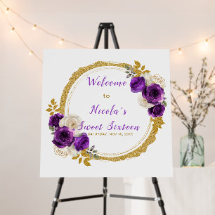 Dark Purple and Gold Elegant Flowers Sweet Sixteen Foam Board