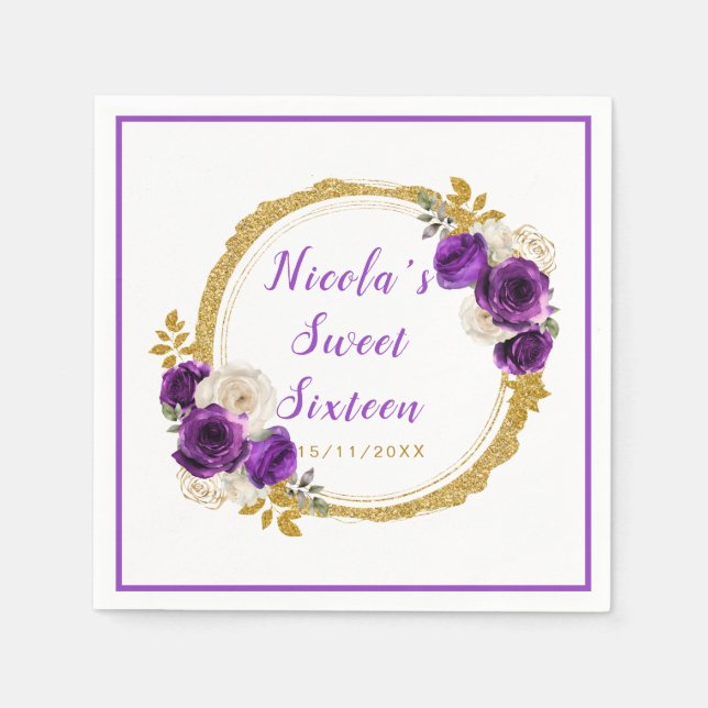 Dark Purple and Gold Elegant Flowers Sweet Sixteen Napkins (Front)