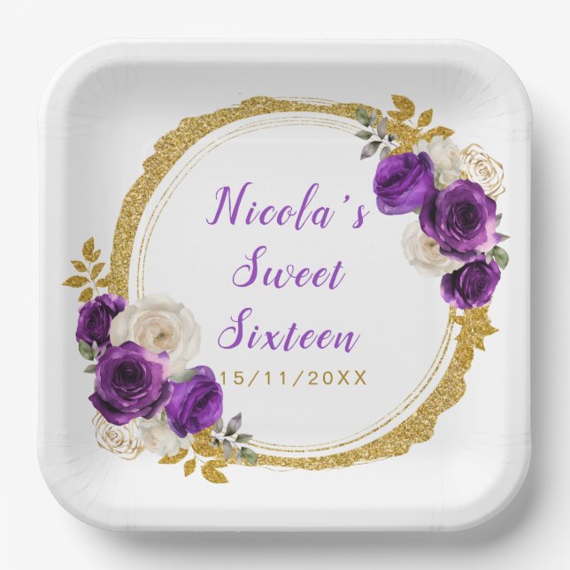 Dark Purple and Gold Elegant Flowers Sweet Sixteen Paper Plates (Front)