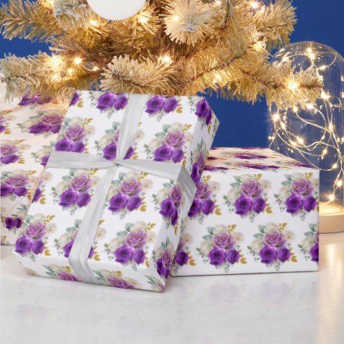 Dark Purple and Gold Elegant Flowers  Wrapping Paper