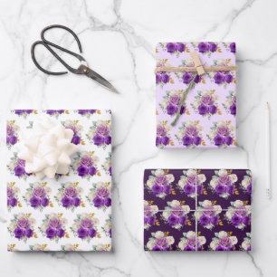 Dark Purple and Gold Elegant Flowers  Wrapping Paper Sheets