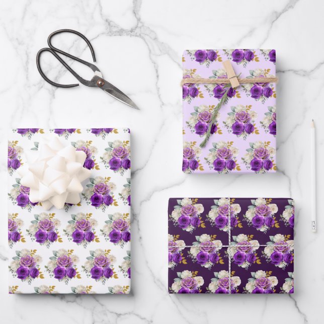 Dark Purple and Gold Elegant Flowers  Wrapping Paper Sheets (Front)