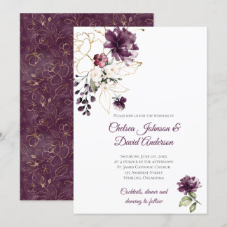 Dark Purple and Gold Floral Winter Wedding Invitation