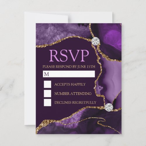 Dark Purple and Gold Glitter Agate Birthday Party RSVP Card