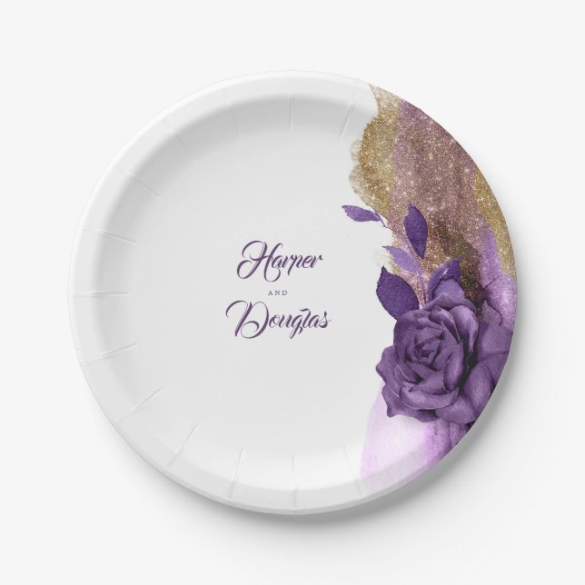 Dark Purple and Gold Glitter Floral Modern Paper Plates (Front)