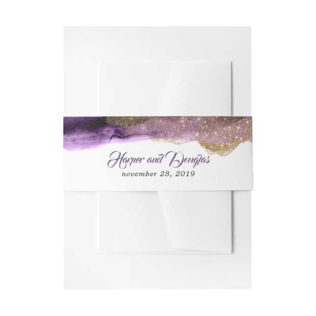 Dark Purple and Gold Glitter Modern Wedding Invitation Belly Band (Front Example)