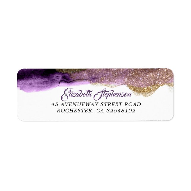 Dark Purple and Gold Glitter Modern Wedding Label (Front)