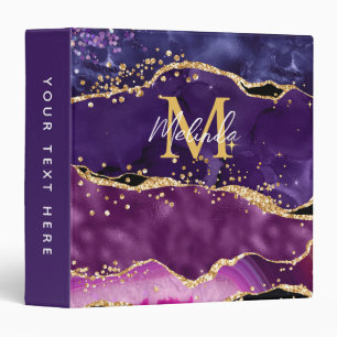 Dark Purple and Gold Glitter Sequins Agate 3 Ring Binder