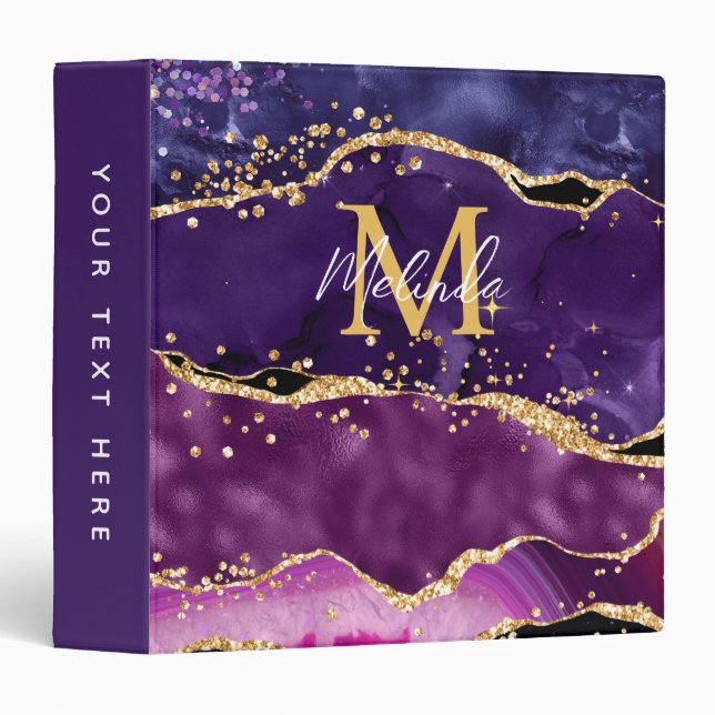 Dark Purple and Gold Glitter Sequins Agate 3 Ring Binder (Front/Spine)