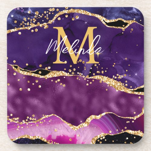 Dark Purple and Gold Glitter Sequins Agate Beverage Coaster