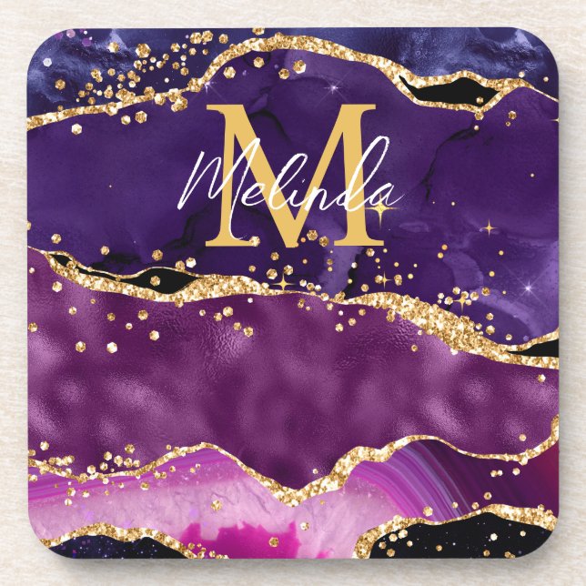Dark Purple and Gold Glitter Sequins Agate Beverage Coaster (Front)