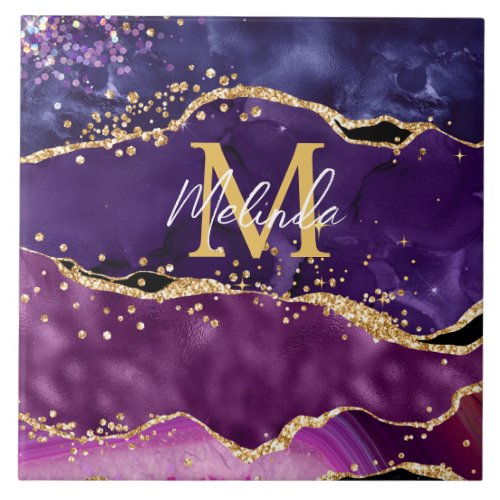 Dark Purple and Gold Glitter Sequins Agate Ceramic Tile