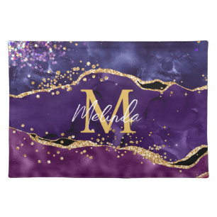 Dark Purple and Gold Glitter Sequins Agate Cloth Placemat