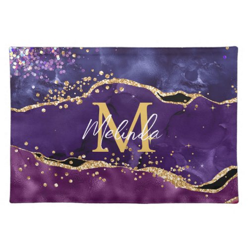 Dark Purple and Gold Glitter Sequins Agate Cloth Placemat