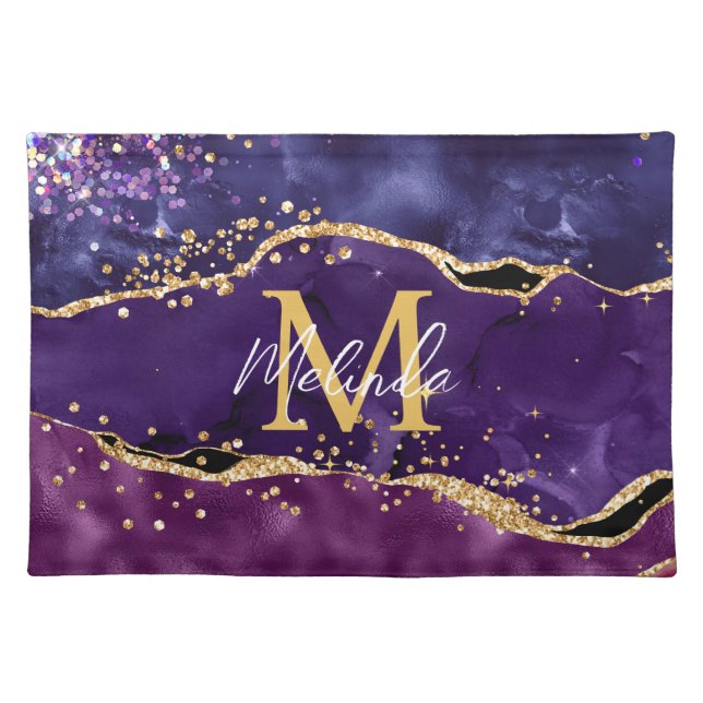 Dark Purple and Gold Glitter Sequins Agate Cloth Placemat (Front)