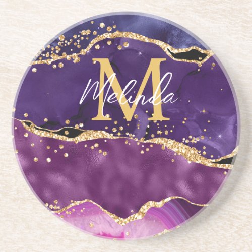 Dark Purple and Gold Glitter Sequins Agate Coaster