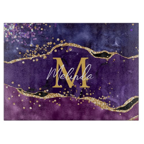 Dark Purple and Gold Glitter Sequins Agate Cutting Board