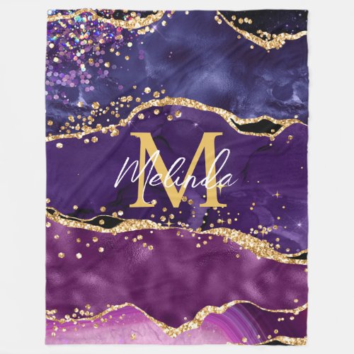 Dark Purple and Gold Glitter Sequins Agate Fleece Blanket
