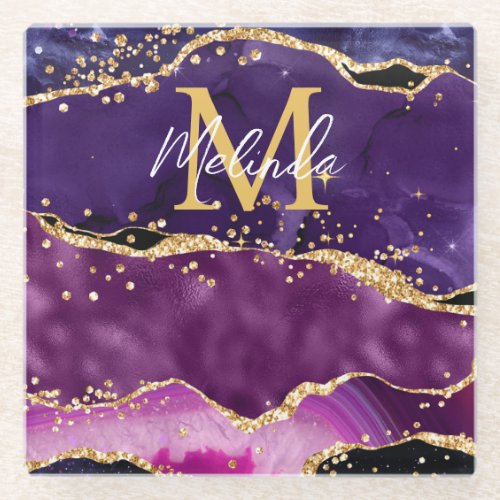 Dark Purple and Gold Glitter Sequins Agate Glass Coaster