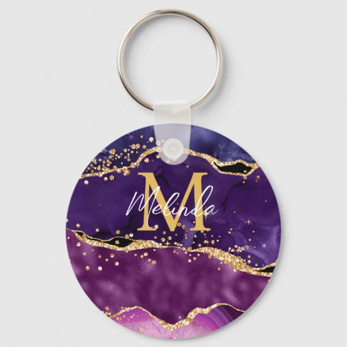 Dark Purple and Gold Glitter Sequins Agate Keychain