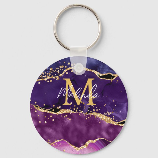 Dark Purple and Gold Glitter Sequins Agate Keychain (Front)