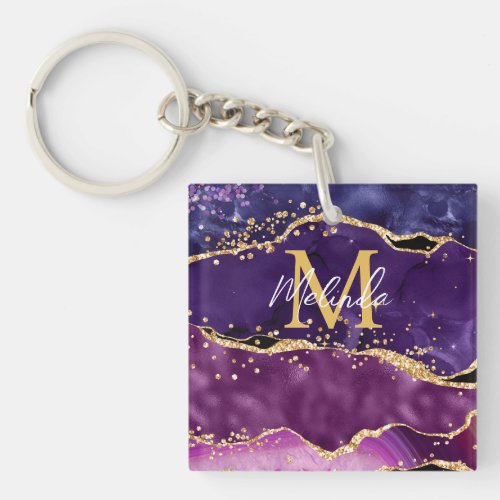Dark Purple and Gold Glitter Sequins Agate Keychain