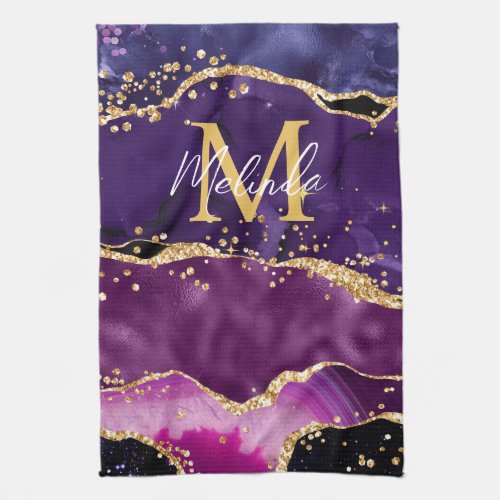 Dark Purple and Gold Glitter Sequins Agate Kitchen Towel