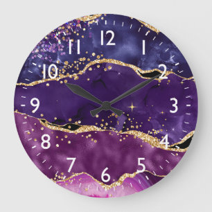 Dark Purple and Gold Glitter Sequins Agate Large Clock