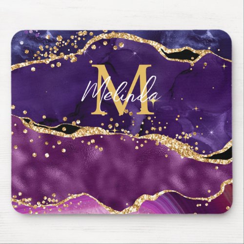 Dark Purple and Gold Glitter Sequins Agate Mouse Pad