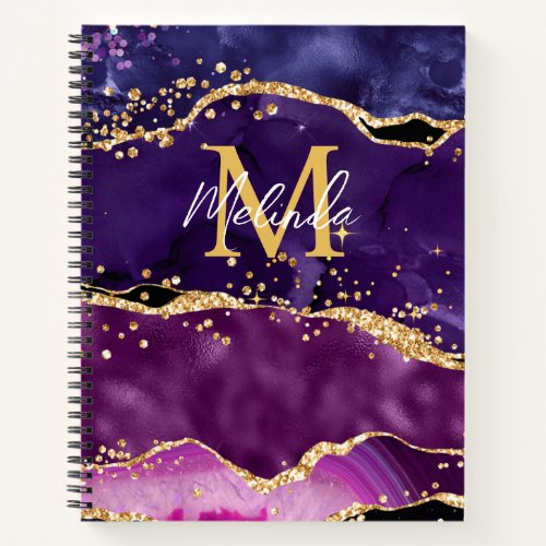 Dark Purple and Gold Glitter Sequins Agate Notebook
