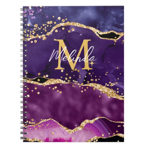 Dark Purple and Gold Glitter Sequins Agate Notebook