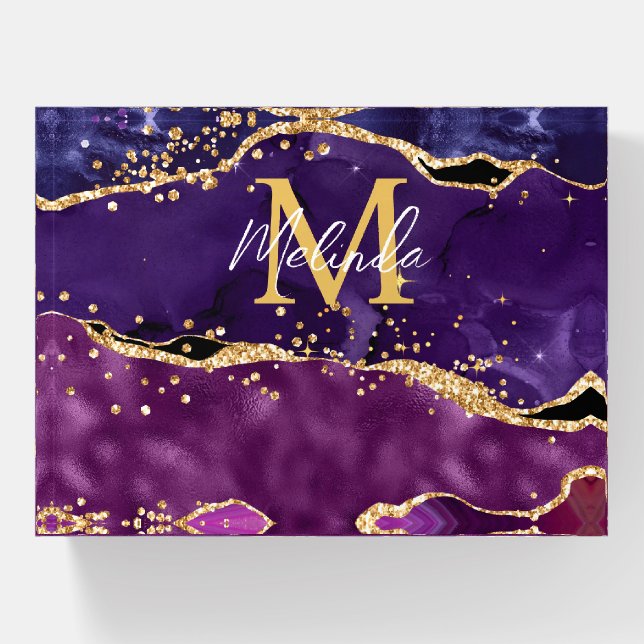 Dark Purple and Gold Glitter Sequins Agate Paperweight (Front)